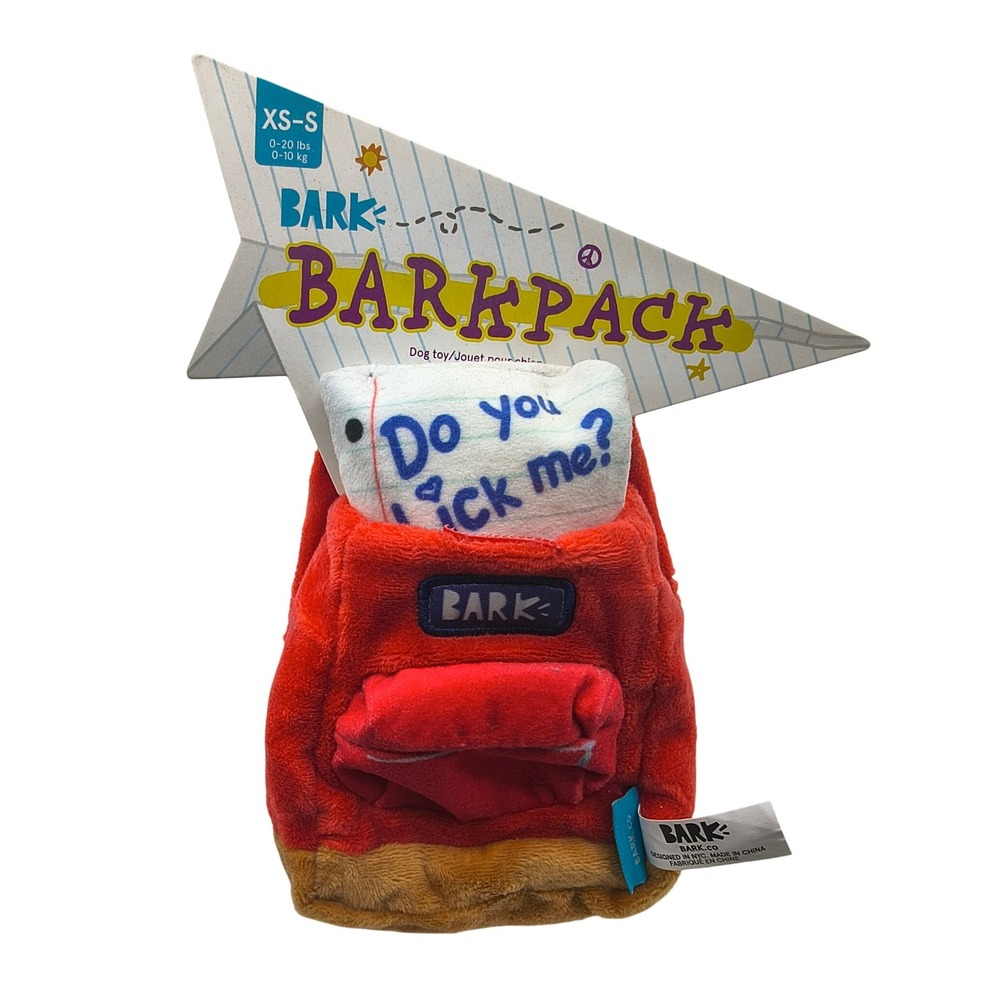 Bark Barkpack Plush Dog Toy Red School Backpack Squeaker Crinkle XS-S NEW